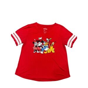 Disney Mickey and Friends Red V-Neck Graphic T-Shirt Womens 1X LT18470 Striped